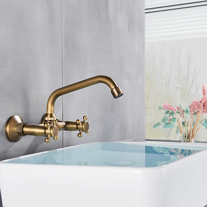 Antique Brass Kitchen Sink Faucet 360 Swivel Spout Hot and cold Bathroom Kitchen Mixer Crane Mop Pool Taps Dual Handle Faucet