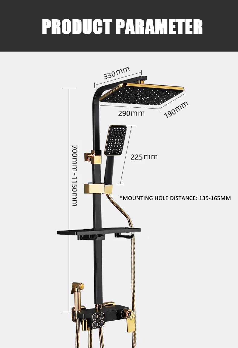 Hot Cold Shower System Bathroom LED Digital Shower Set Wall Mount Smart Thermostatic Bath Faucet Square Head SPA Rainfall Grifo