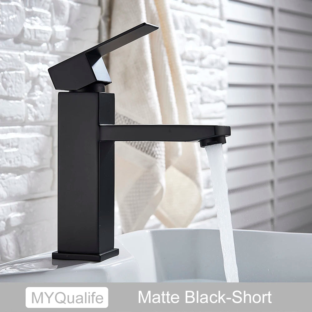 Black Deck Mounted Bathroom Basin Mixer Tap Square Single Handle Basin Vessel Sink Faucet Hot Cold Water Faucet for Basin