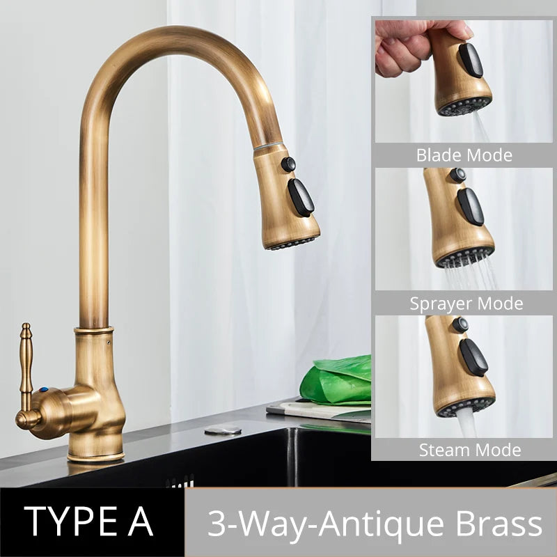 Uythner Antique Brass Kitchen Faucet Pull Out Kitchen Sink Water Taps Single Handle Mixer Tap 360 Rotation Cranes Deck Mounted