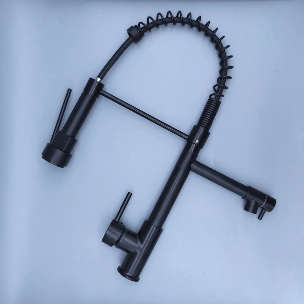 DQOK Black Brushed Spring Pull Down Kitchen Sink Faucet Hot & Cold Water Mixer Crane Tap with Dual Spout Deck Mounted