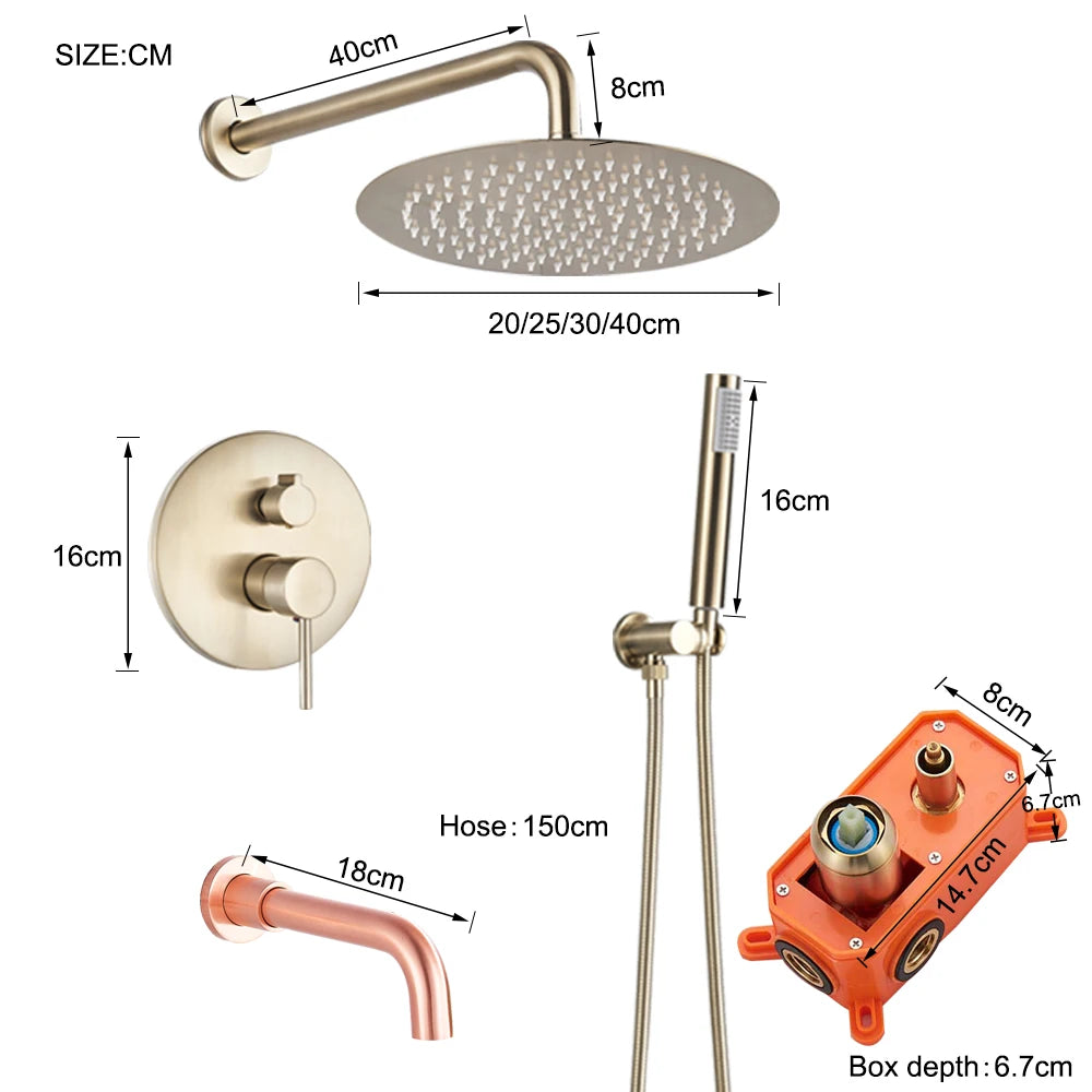 Brushed Gold Shower Faucet Set Round Brass Bathroom Wall Mount Rotate Tub Spout  Rainfall Head 3 Ways Mixer Tap