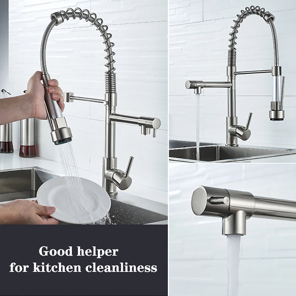 DQOK Black Brushed Spring Pull Down Kitchen Sink Faucet Hot & Cold Water Mixer Crane Tap with Dual Spout Deck Mounted