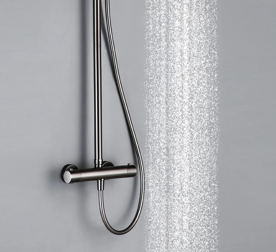 Wall-Mounted Thermostatic Valve System Bagnolux Brushed Gray Brass Rain Faucet  8 - 12" Top Spray Head Bathroom Shower Set
