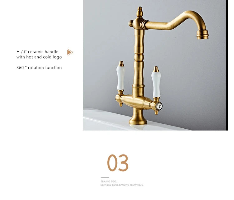Faucet for Kitchen Dual Handle Antique Brass Retro Faucet 360 Degree Rotation Kitchen Sink Taps Deck Mounted Bathroom Sink Mixer