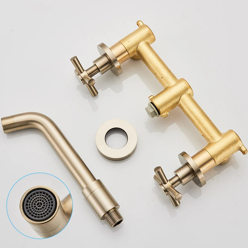 SHBSHAIMY Gold/Chrome Bathroom Basin Faucets Wall Mount Dual Handles Mixer Tap 360 Rotation Black Water Crane Tap Basin Mixer