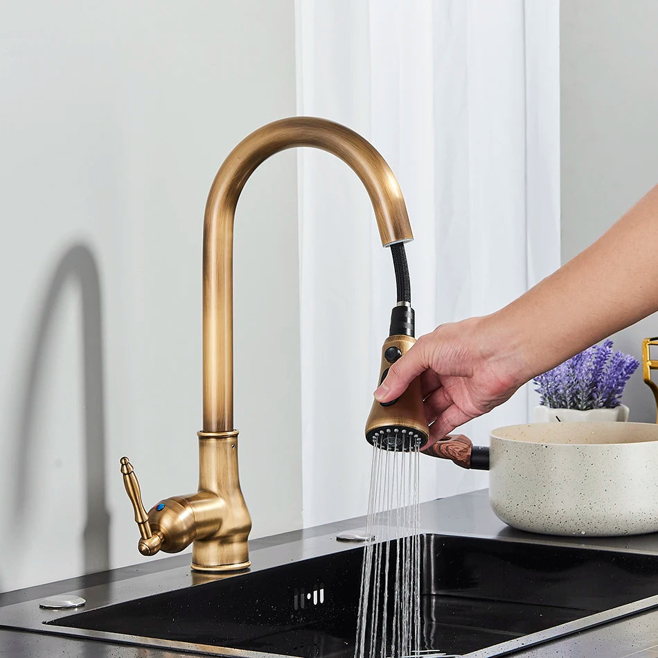 Uythner Antique Brass Kitchen Faucet Pull Out Kitchen Sink Water Taps Single Handle Mixer Tap 360 Rotation Cranes Deck Mounted