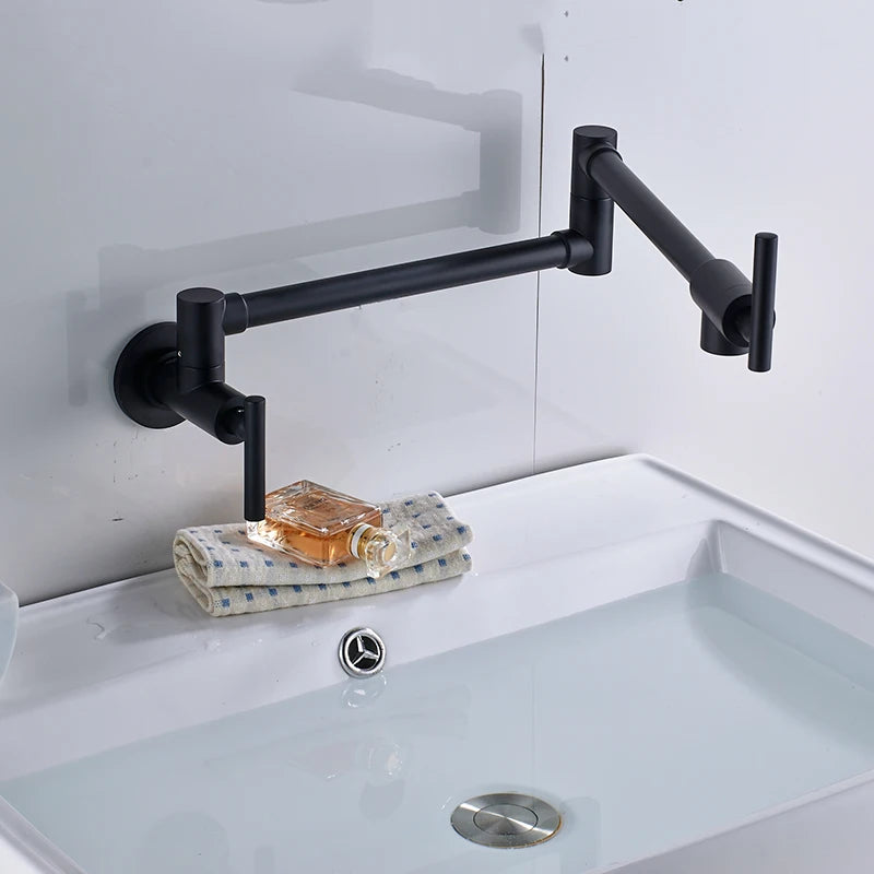 Brushed Gold Kitchen Faucet Wall Mount Bathroom Basin Faucet Cold Water Washing Tap Rotate Folding Spout Brass Vanity Sink Crane