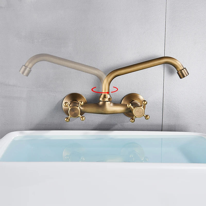 Antique Brass Kitchen Sink Faucet 360 Swivel Spout Hot and cold Bathroom Kitchen Mixer Crane Mop Pool Taps Dual Handle Faucet