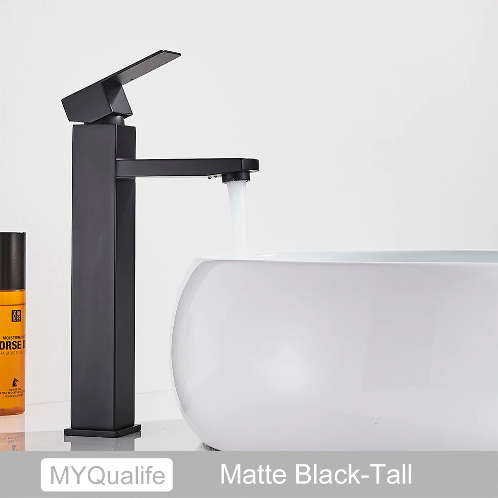 Black Deck Mounted Bathroom Basin Mixer Tap Square Single Handle Basin Vessel Sink Faucet Hot Cold Water Faucet for Basin