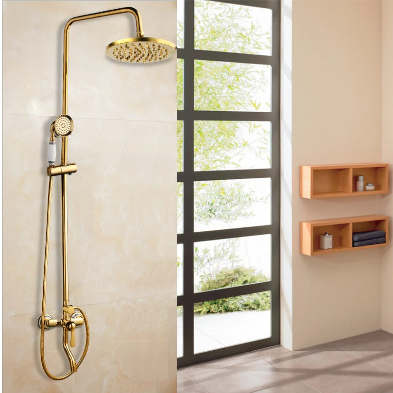 YANKSMART Gold Polished Bathroom Shower System Faucet Set Wall Mounted 3 Functions Rainfall Round Showers Head Mixer Water Tap