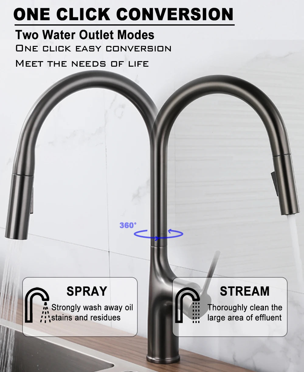 Deck Mounted Kitchen Faucet Pull Out Mixer Tap Bagnolux Gun Gray Brass Two Function Single Handle Hot and Cold Water Crane