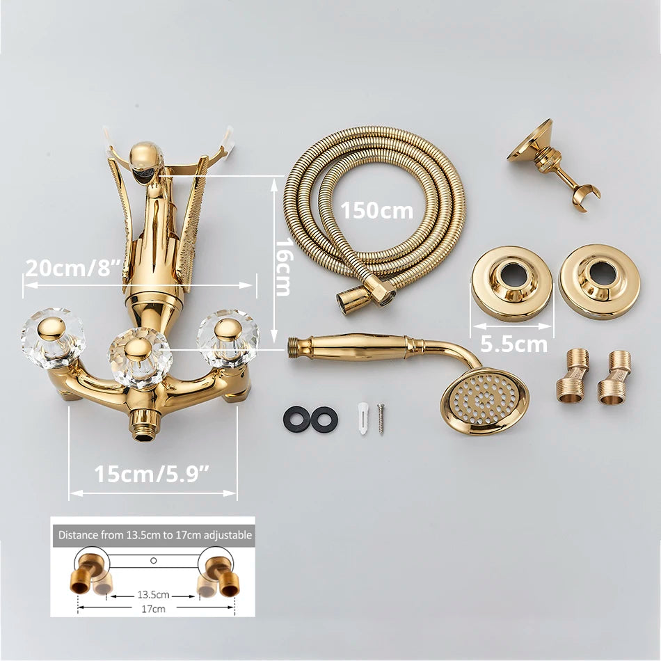 Luxury Golden Bathroom Swan Bathtub Faucet Wall Mounted Cold Hot Water Bath Shower Mixer Tap Brass Handshower Crystal handwheel