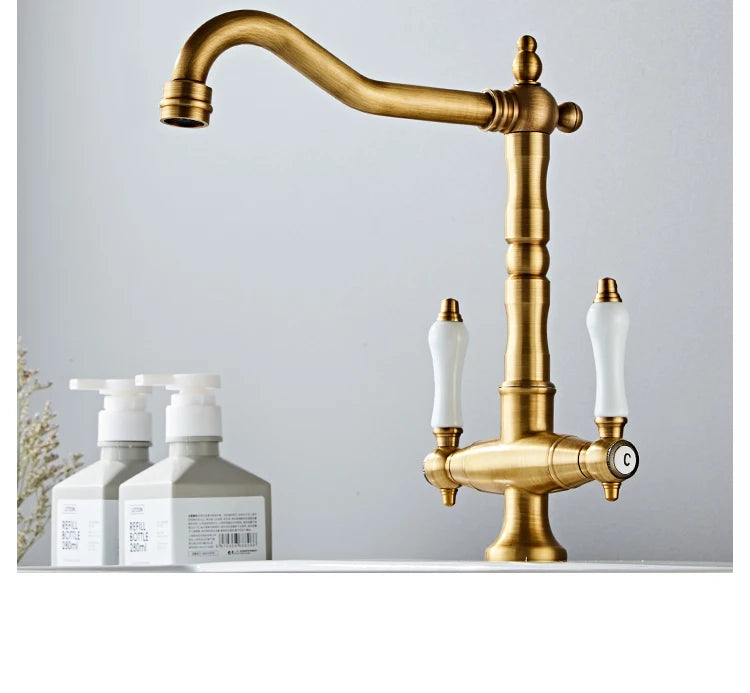 Faucet for Kitchen Dual Handle Antique Brass Retro Faucet 360 Degree Rotation Kitchen Sink Taps Deck Mounted Bathroom Sink Mixer