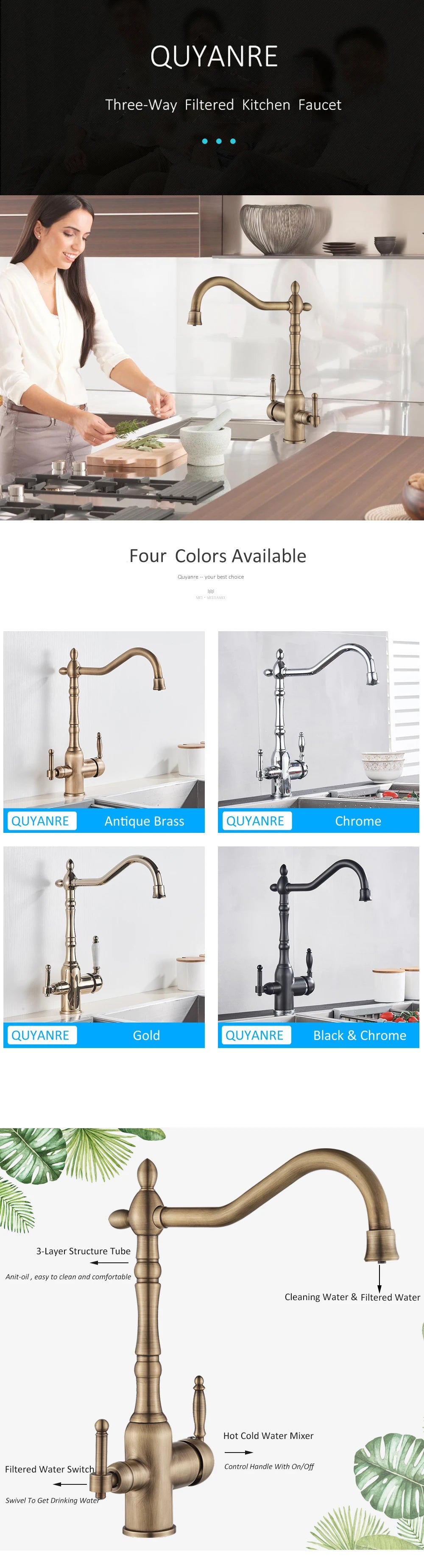 Antique Brass Filtered Kitchen Faucet Purify Faucets Mixer Tap Hot Cold Water 360 Rotation Water Purification Water Crane Tap