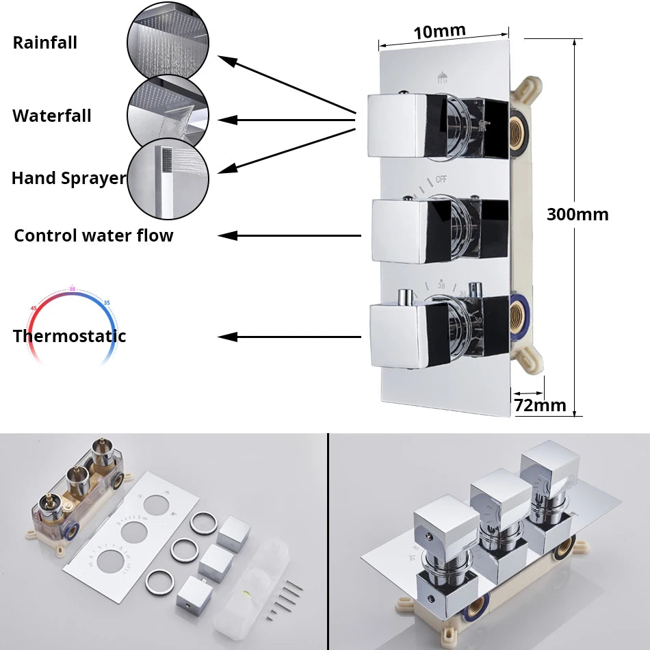 Luxury Waterfall Rainfall Shower Faucet Thermostat Valve Mixers Wall Mounted Thermostatic Shower Set With Handshower