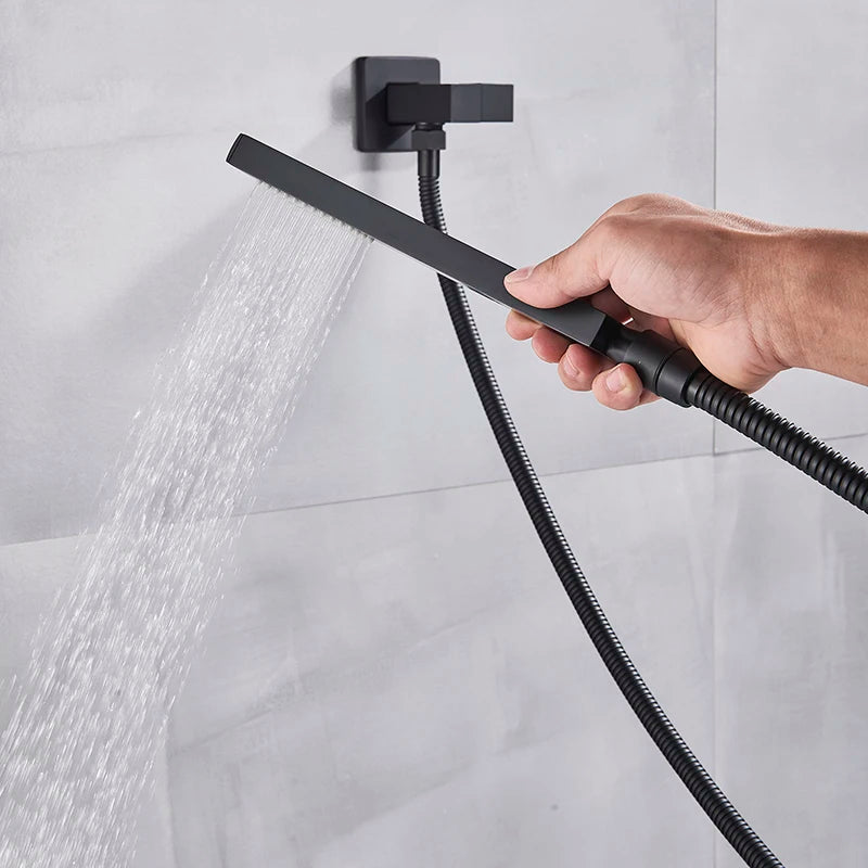 Black Thermostatic Shower Faucets Set Rain Waterfall Shower Head With 3/4-way Thermostatic Mixer Tap Bath Shower Faucet