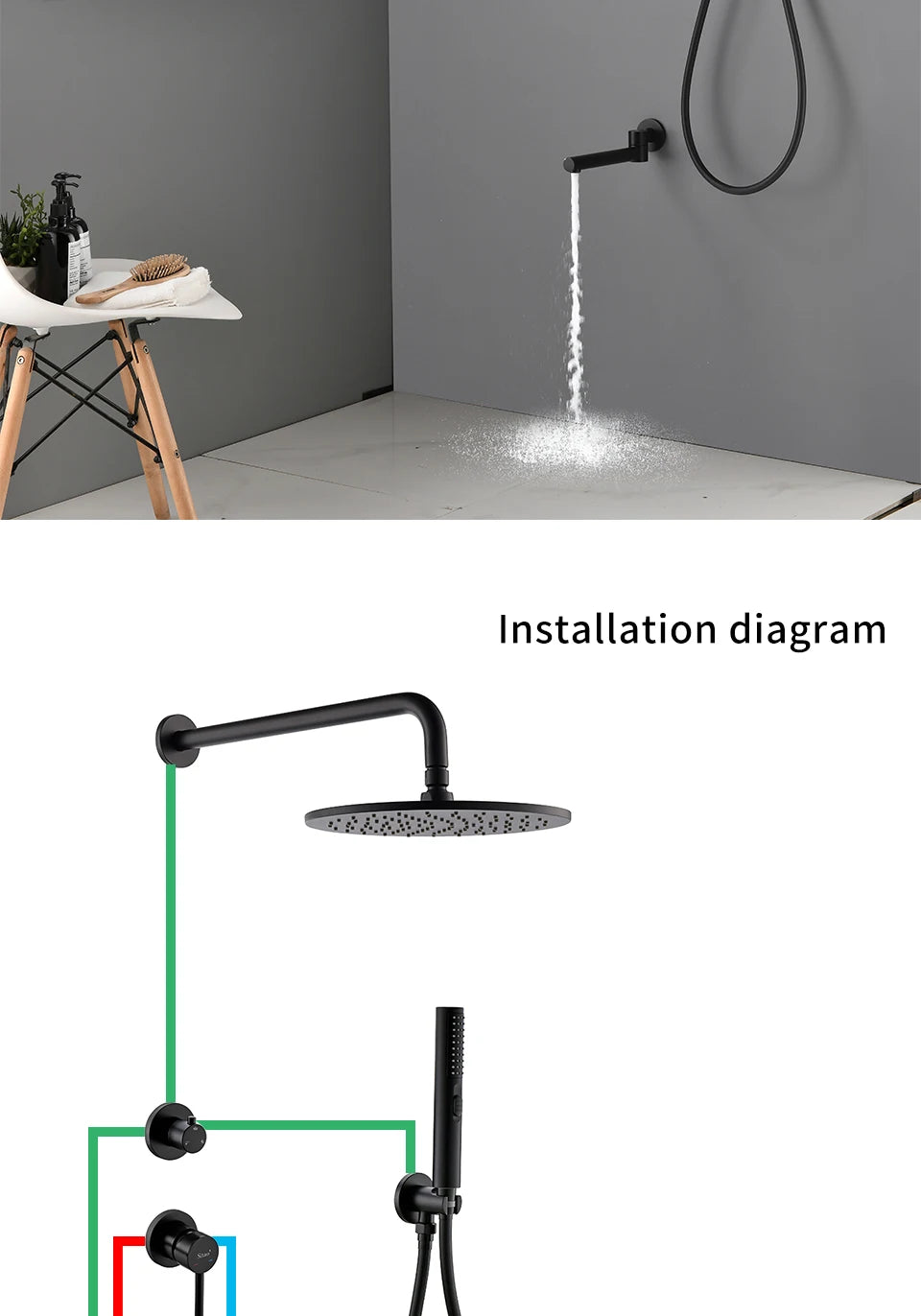 Bagnolux Brass Matte Black Wall Embed Mount 3-Function Concealed Shower System 10 Inch Top Rain Spray Bathroom Faucet