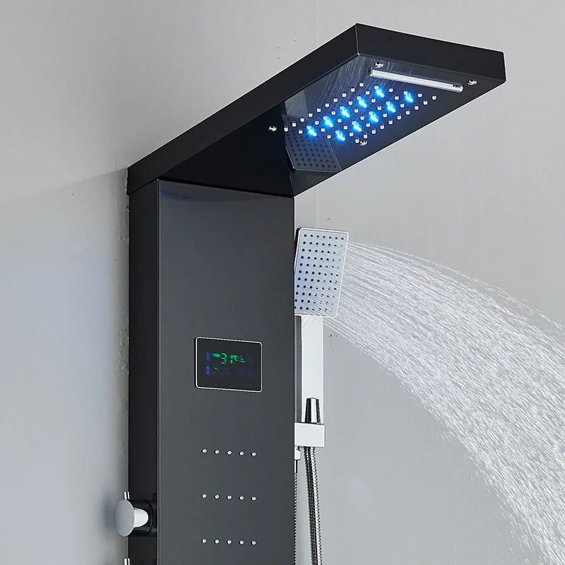 Bathroom LED Rain/Waterfall Head Shower Panel Digital Display Screen Massage Jets Waterfall Bath Tub Spout Shower Column