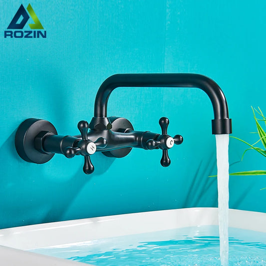 Rozin Black Basin Faucet Wall Mounted Dual Handles Bathroom Faucets Swivel Spout Antique Brass Crane Hot Cold Water Mixer Tap