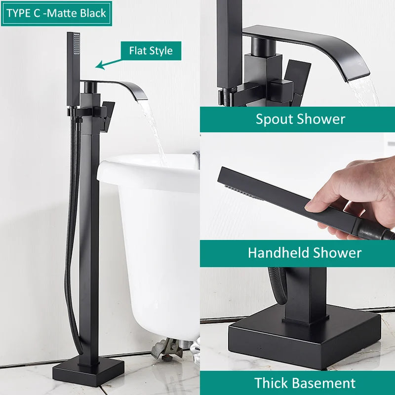 Quyanre Matte Black Square Bathtub Shower Faucets Floor Standing Faucet Hot Cold Water Shower Mixer Tap Bathroom Waterfall Mixer