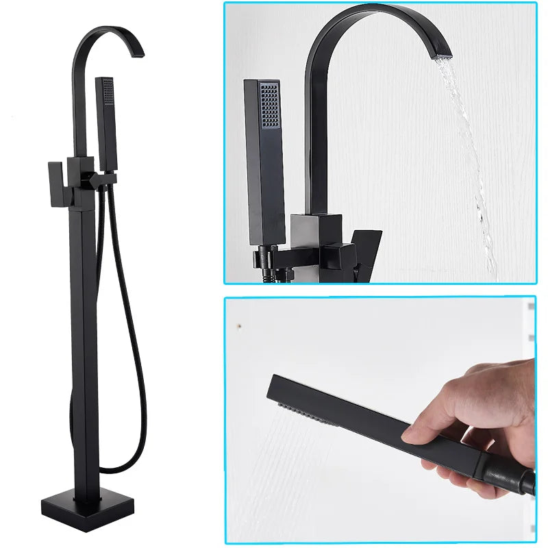 Luxury Matte Black Bathtub Faucet Freestanding Bathroom Tub Faucet  6 Types Spout Floor Mounted Bath Shower Mixer Tap
