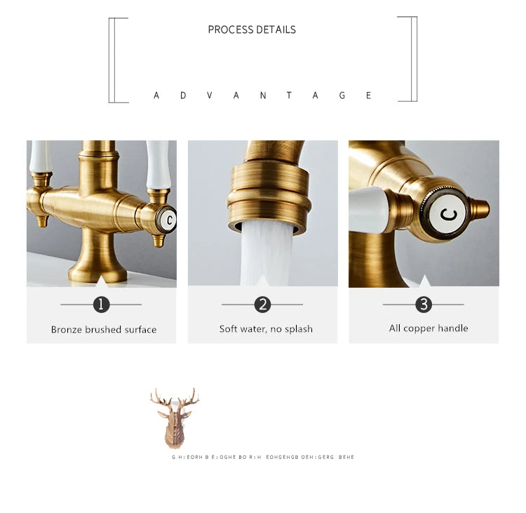 Faucet for Kitchen Dual Handle Antique Brass Retro Faucet 360 Degree Rotation Kitchen Sink Taps Deck Mounted Bathroom Sink Mixer