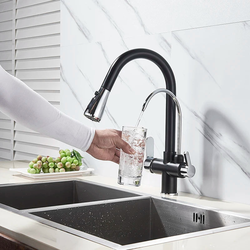 Black Gold Filter Kitchen Faucets Pure Water Rotatable Dual Spout Kitchen Faucet Dual Handles Filtered Mixer Tap For Kitchen