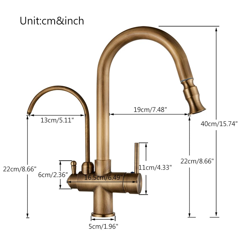 Filtered Pure Water Kitchen Faucet Deck Mount Antique Brass Faucet