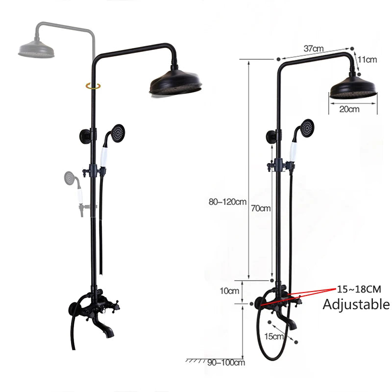 Bathroom Rainfall Shower Mixer Faucet Dual Handle Bath Shower Set Black Brass 8" Showerhead Shower Faucet System with Handshower