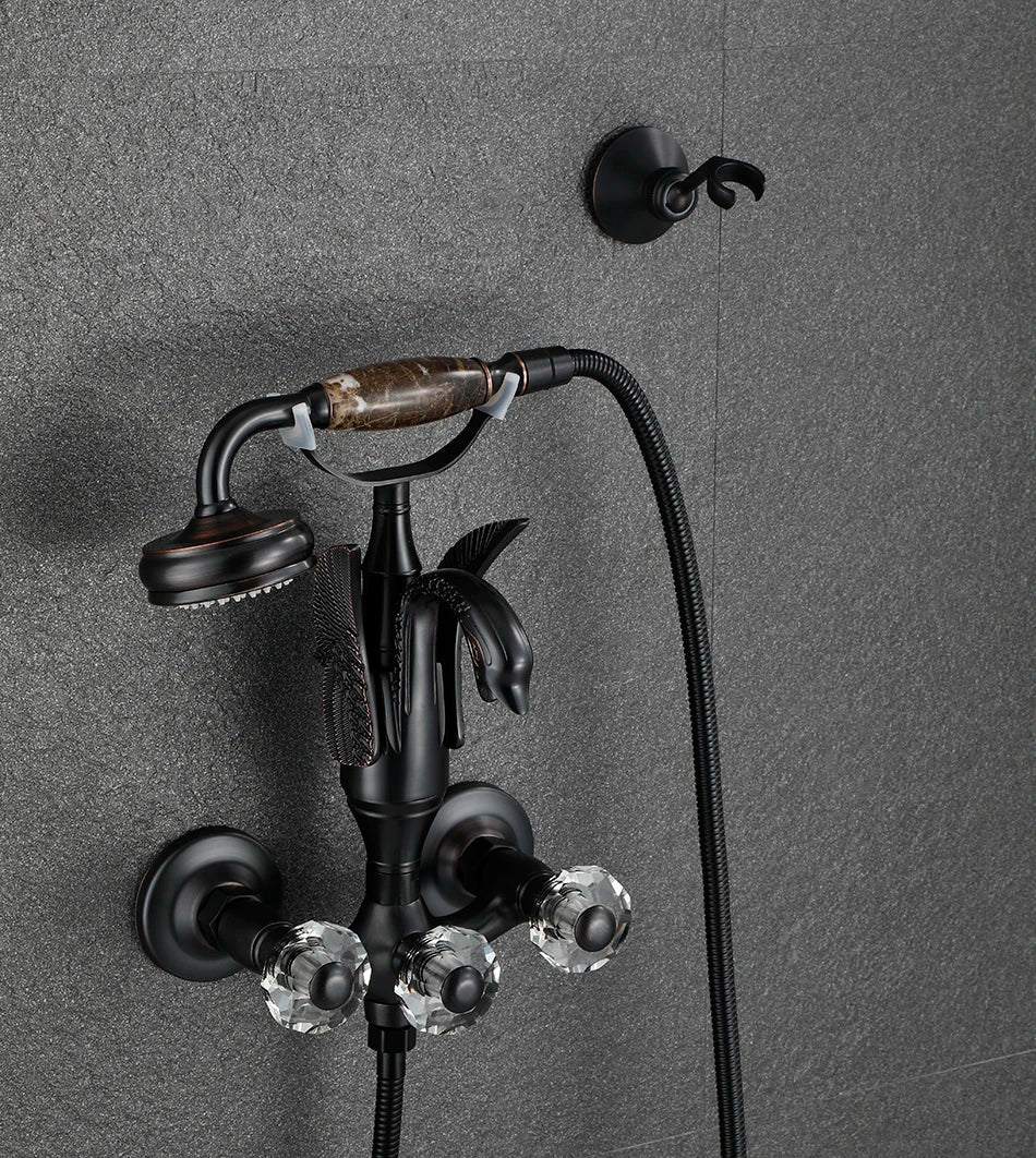 Luxury Golden Bathroom Swan Bathtub Faucet Wall Mounted Cold Hot Water Bath Shower Mixer Tap Brass Handshower Crystal handwheel