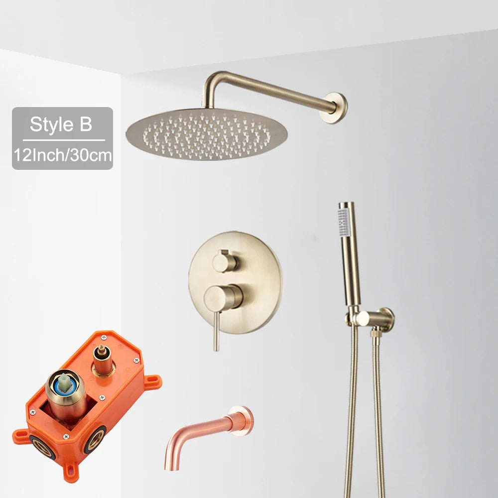 Brushed Gold Shower Faucet Set Round Brass Bathroom Wall Mount Rotate Tub Spout  Rainfall Head 3 Ways Mixer Tap