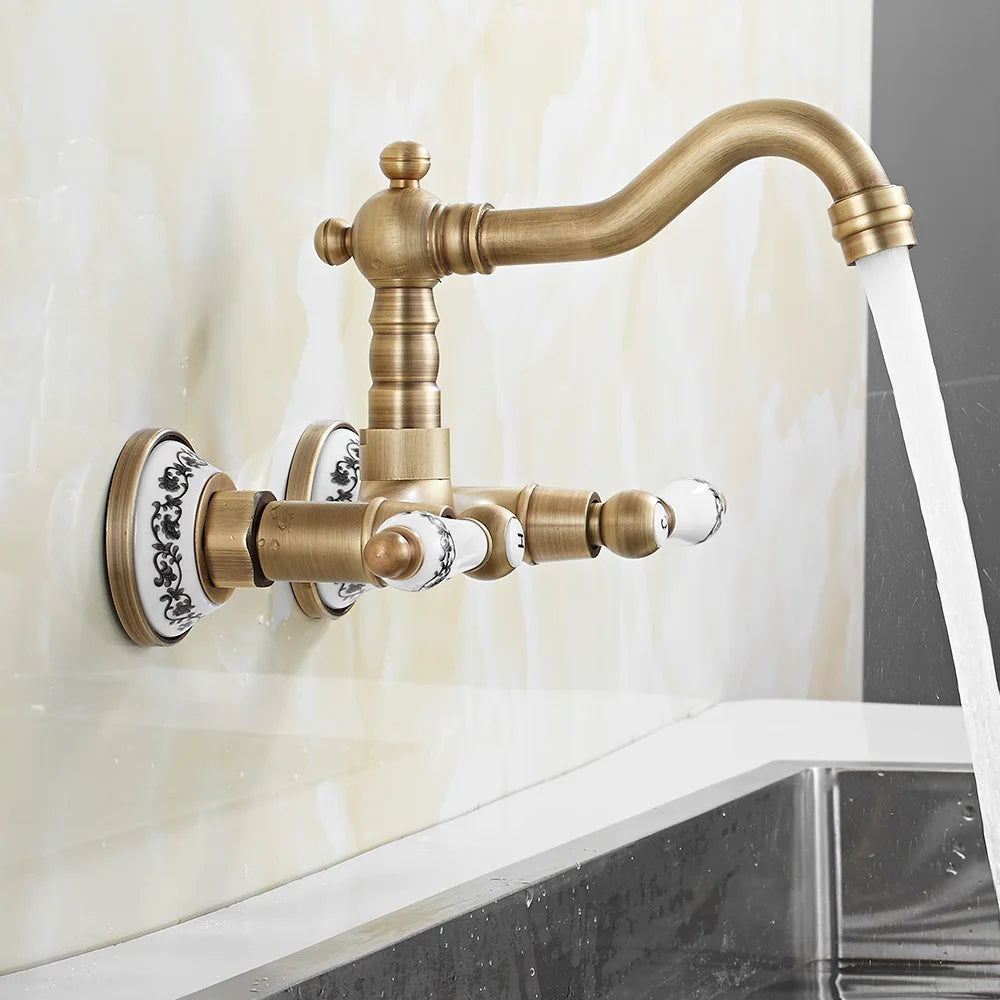 Wall Mount Antique Faucet Antique Brass Kitchen Faucet Dual Cold Hot Water Mixer Tap 360 Degree Rotation Kitchen Sink Faucet