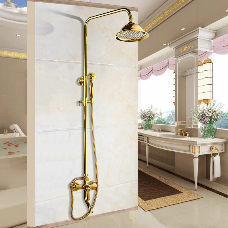 YANKSMART Gold Polished Bathroom Shower System Faucet Set Wall Mounted 3 Functions Rainfall Round Showers Head Mixer Water Tap
