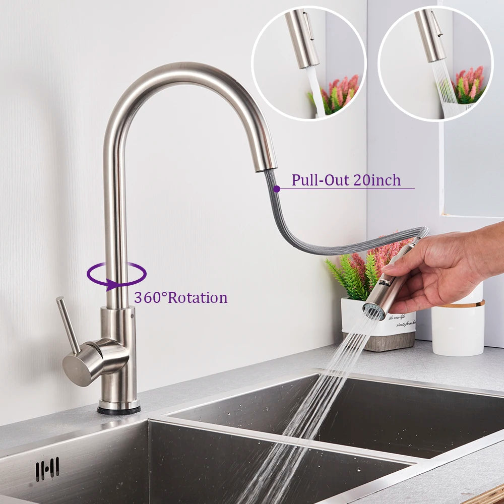 Brushed Smart Touch On Kitchen Faucet Sensor 360 Rotation Pull Out Single Handle Mixer Tap Two Water Modes Sink Crane Hot Cold