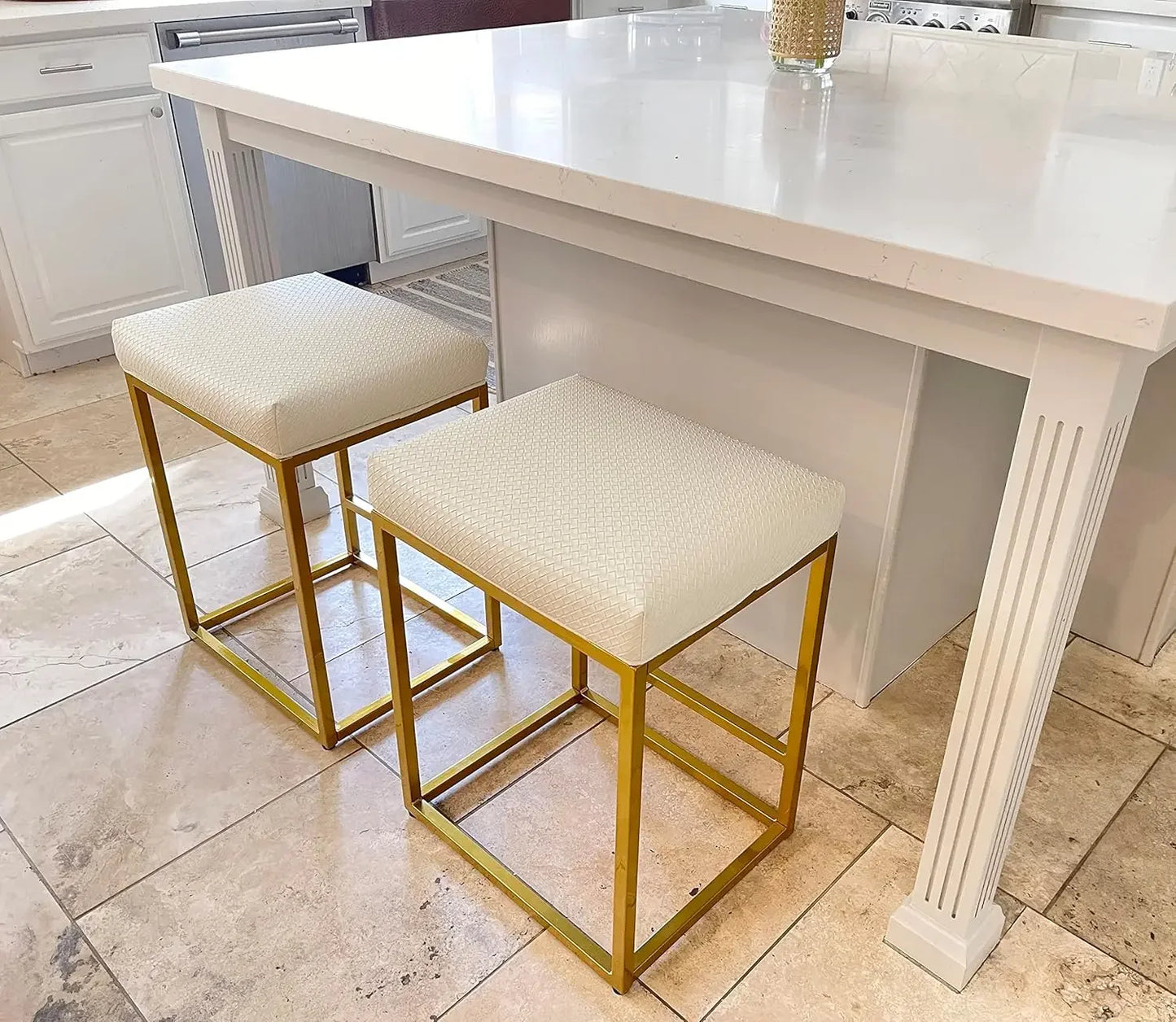 Black Counter Height 24" Bar Stools Kitchen Counter Backless Modern Square Barstools Upholstered Faux Leather Stools