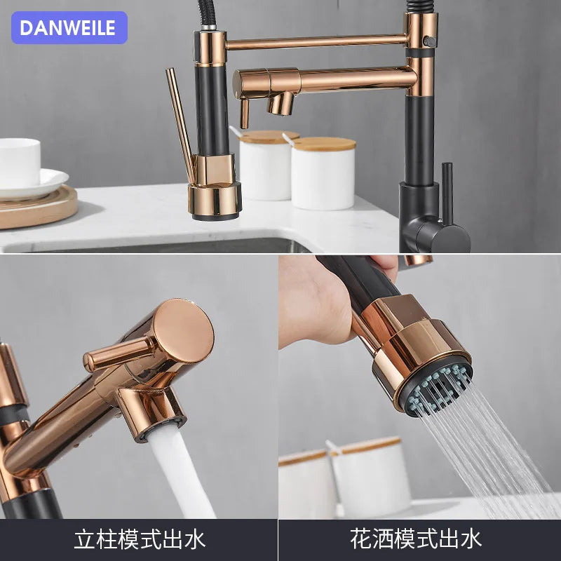 Black and Golden Brass Pulling Kitchen Sink Faucets Dual Outlet Water-Cold Hot Washing Basin Tap Deck Mounted Spring Mixer Taps