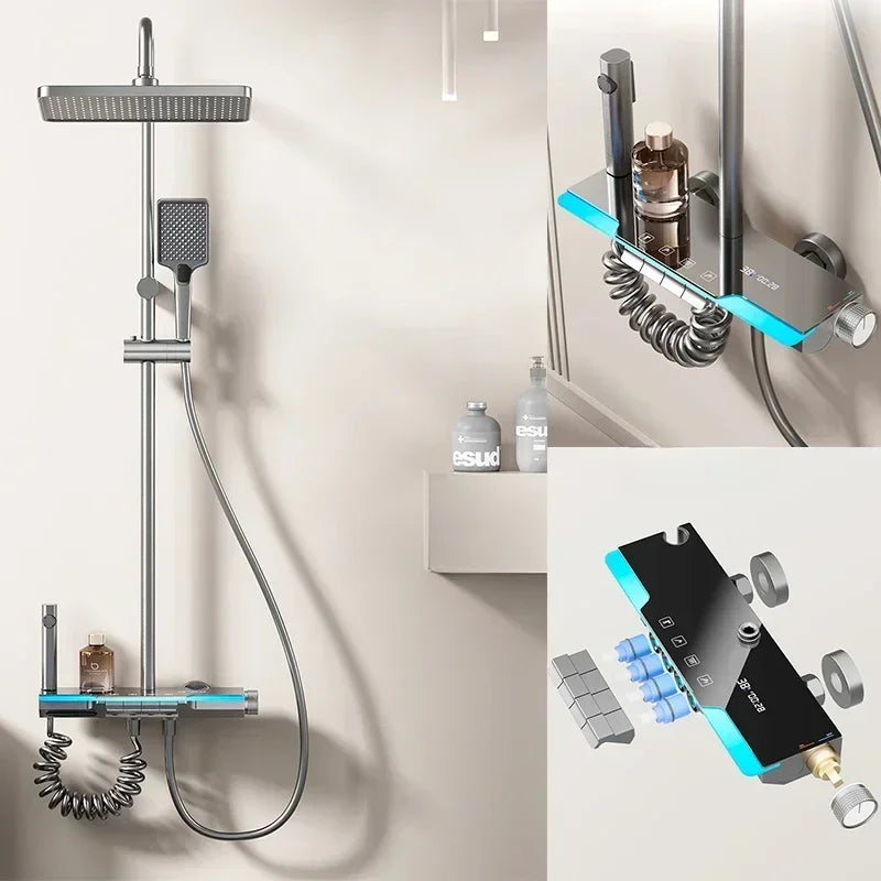 Smart Temperature Digital Display Luxury Shower System Bathroom Wall Mount Piano Key 4 Function Water Outlet Shower Faucet Set