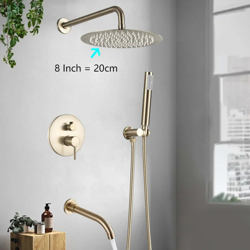 Bathroom Rainfall Shower Tap Brushed Gold Shower Faucet Set Wall Mount Round Shap Bathtub Shower With ABS Shower  Mixer Tap