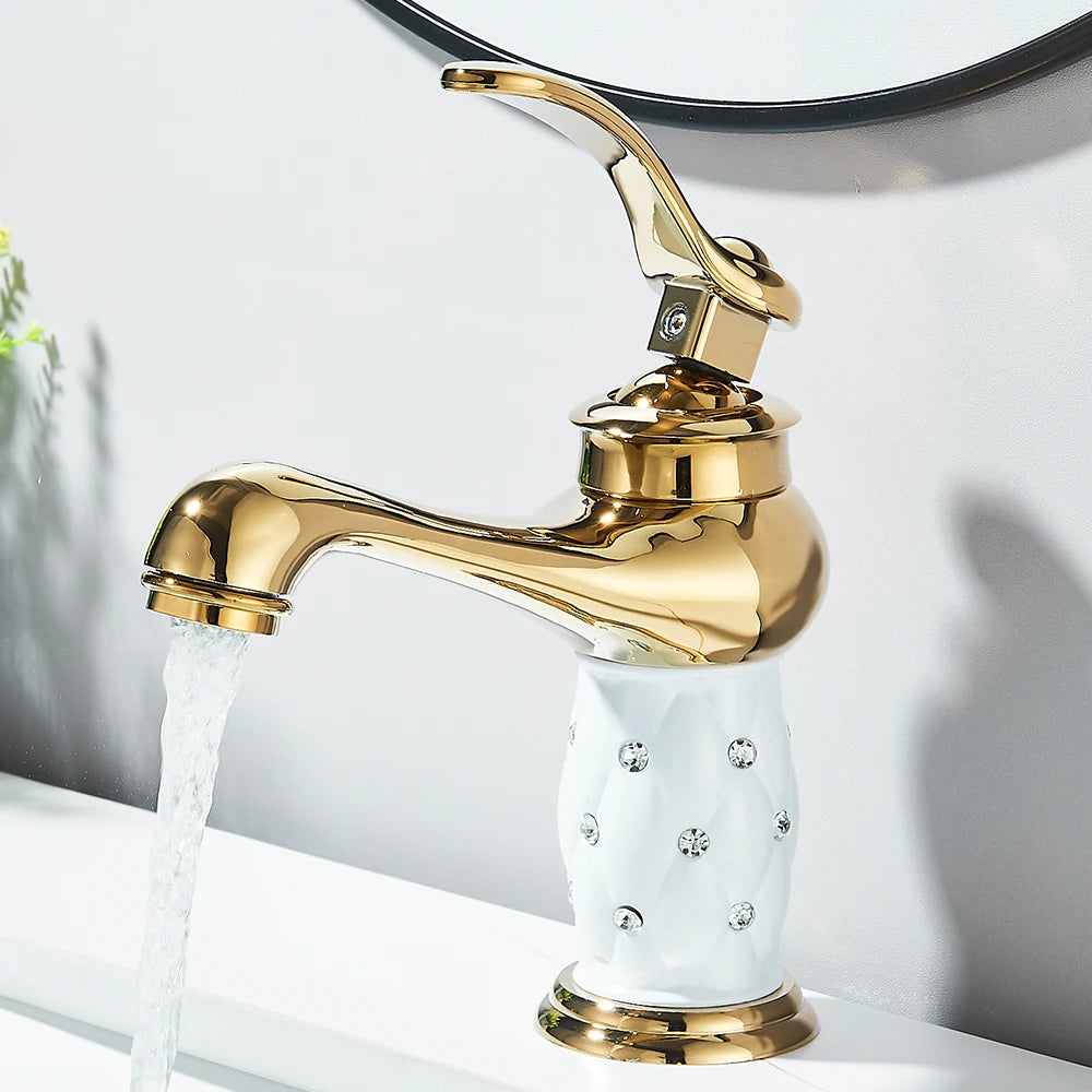 Bathroom Sink Faucets Diamond Gold Basin Faucet Single Handle Mixer Tap Hot Cold Water Mixer Water Crane