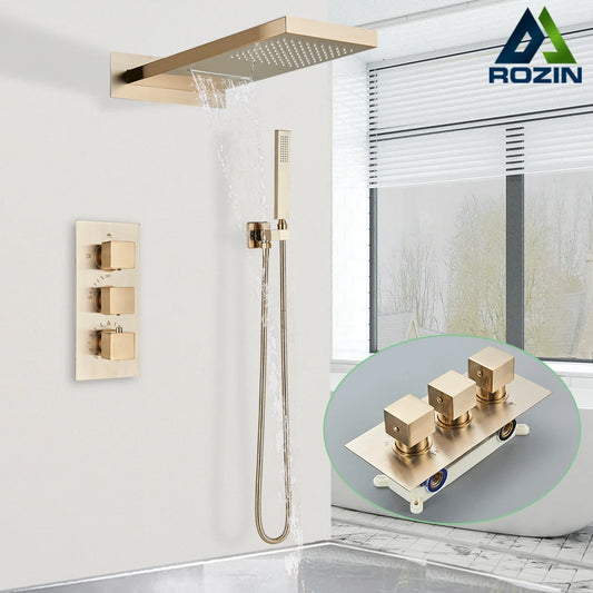 Thermostatic Bathroom Shower Faucet Luxury Brushed Gold Wall Mounted Waterfall Rainfall Head System Concealed Embedded Mixer Tap