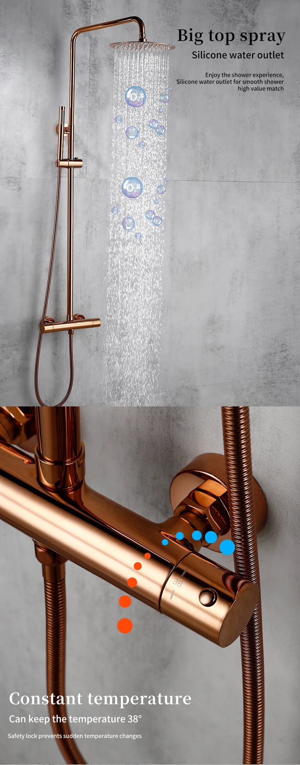 Rose Gold Thermostatic Shower Falcet Sets Wall Mount Brass Bathroom Blend Rainshower Falcet Rainfall Shower Tap Thermostat Systems