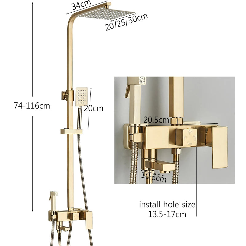 Brushed Golden Shower Faucet Bathroom Rainfall Shower Set Wall Mount