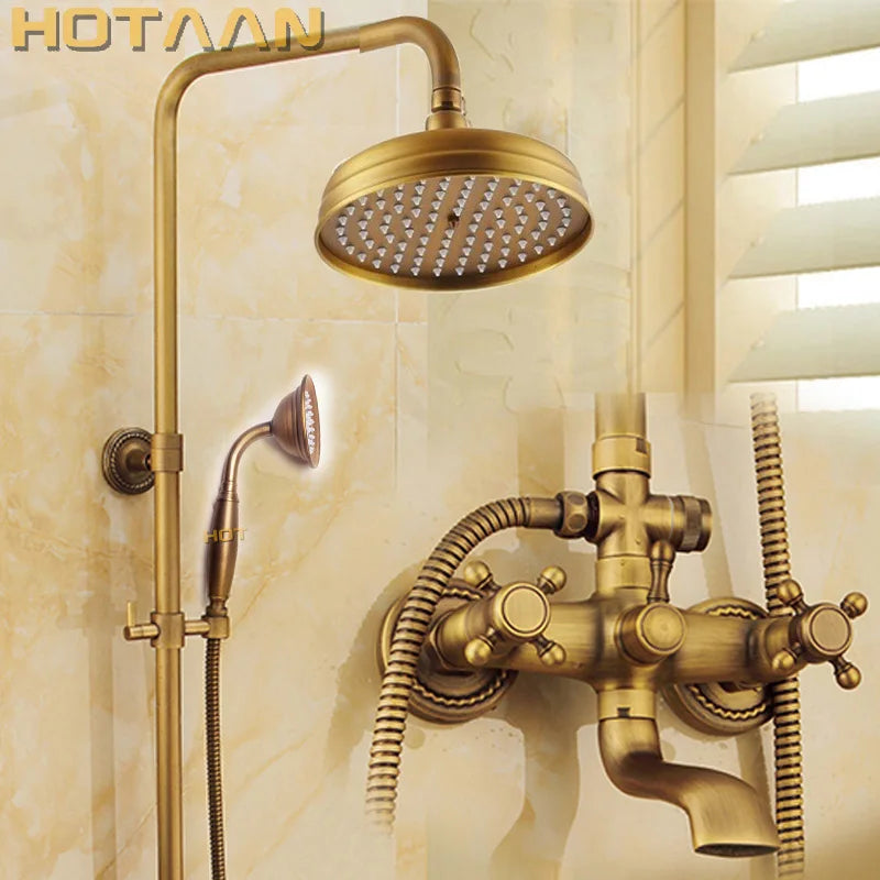 Antique Brass Wall Mounted Mixer Valve Rainfall Shower Faucet Complete Sets + 8" Brass Shower Head + Hand Shower + Hose YT-5317A
