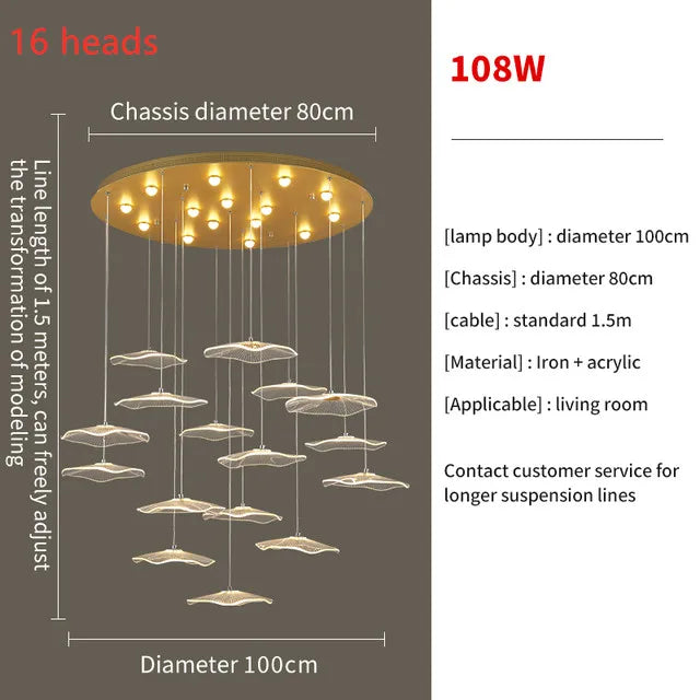Nordic Lotus Leaf Restaurant LED Pendant Lamps Moden Chandelier for Staircase LOFT Duplex Villa Living Room Light Lustre Fixture