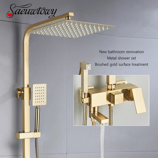 Brushed Golden Shower Faucet Bathroom Rainfall Shower Set Wall Mount