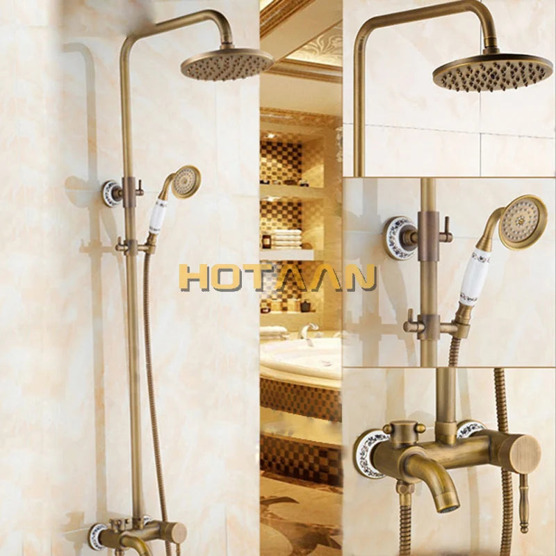 Antique Brass Wall Mounted Mixer Valve Rainfall Shower Faucet Complete Sets + 8" Brass Shower Head + Hand Shower + Hose