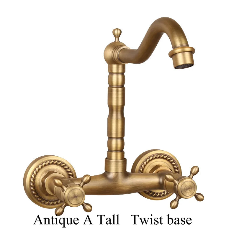 Antique brass ceramic into the wall faucet bathroom washbasin basin wall mount double handle cold and hot water faucet