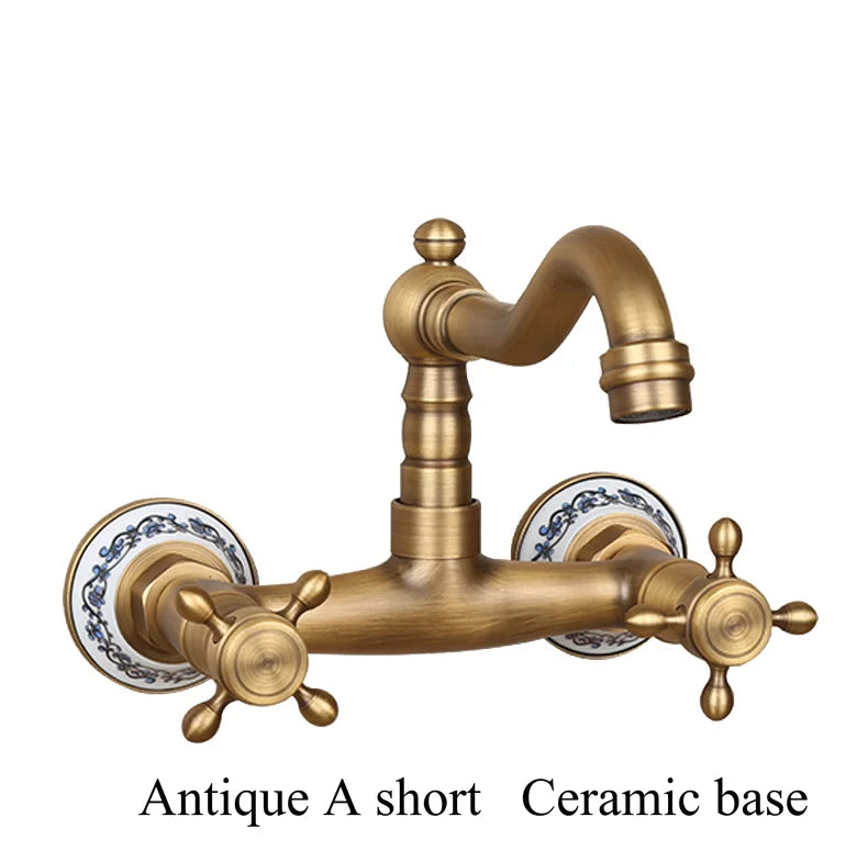 Antique brass ceramic into the wall faucet bathroom washbasin basin wall mount double handle cold and hot water faucet