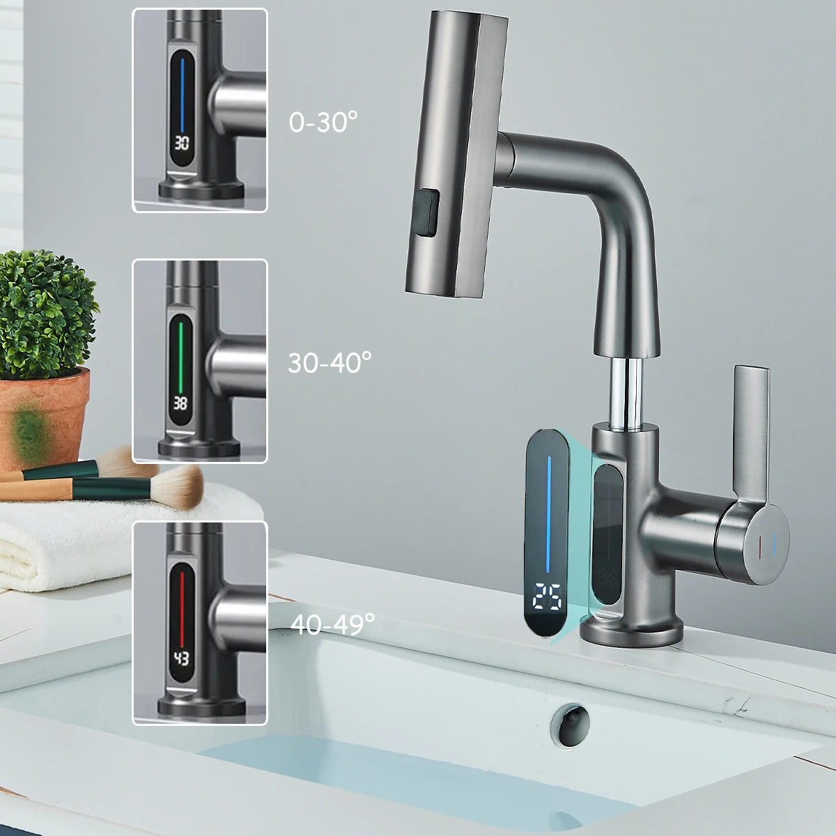 Temperature Digital Display Basin Faucet Pull Out Hot Cold Water Mixer Tap Lift Up Down Stream Sprayer Wash Crane For Bathroom